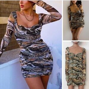 Zara | NWOT Marbled Ruched Draped Tulle Mini Sheath Dress Size Small